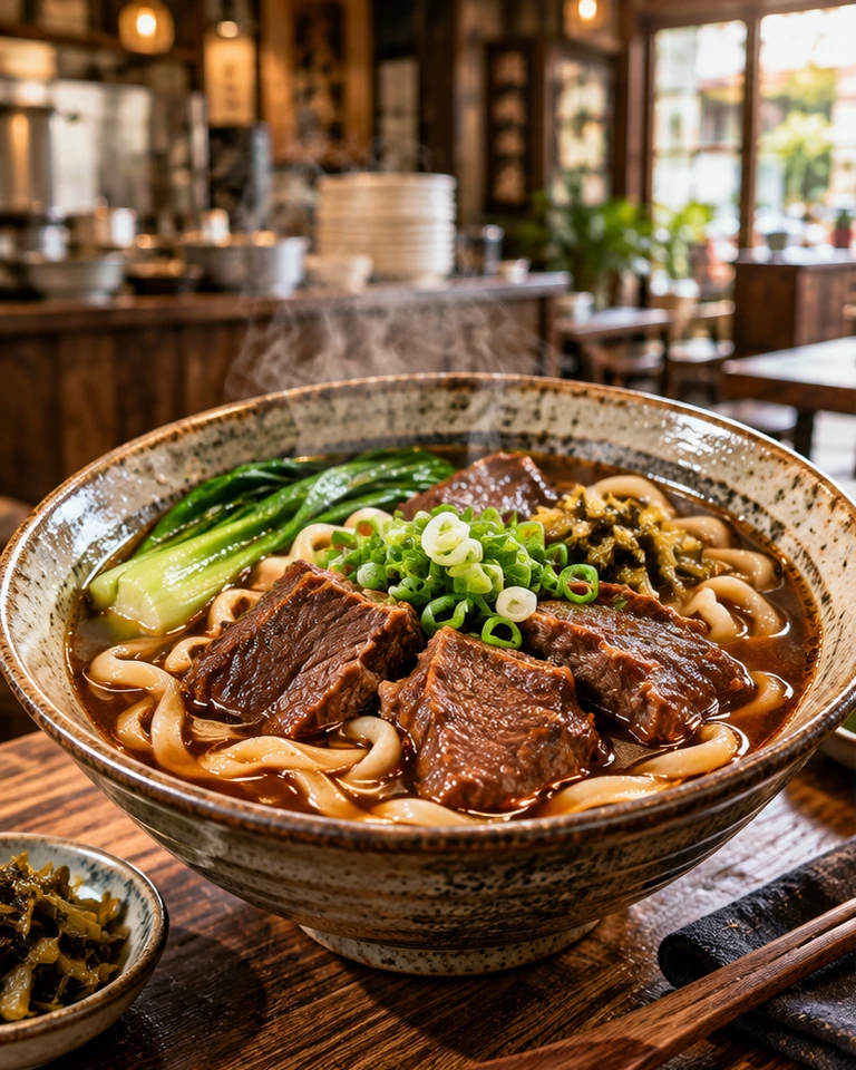 AI 生成的小吃與麵食餐點情境示意照片